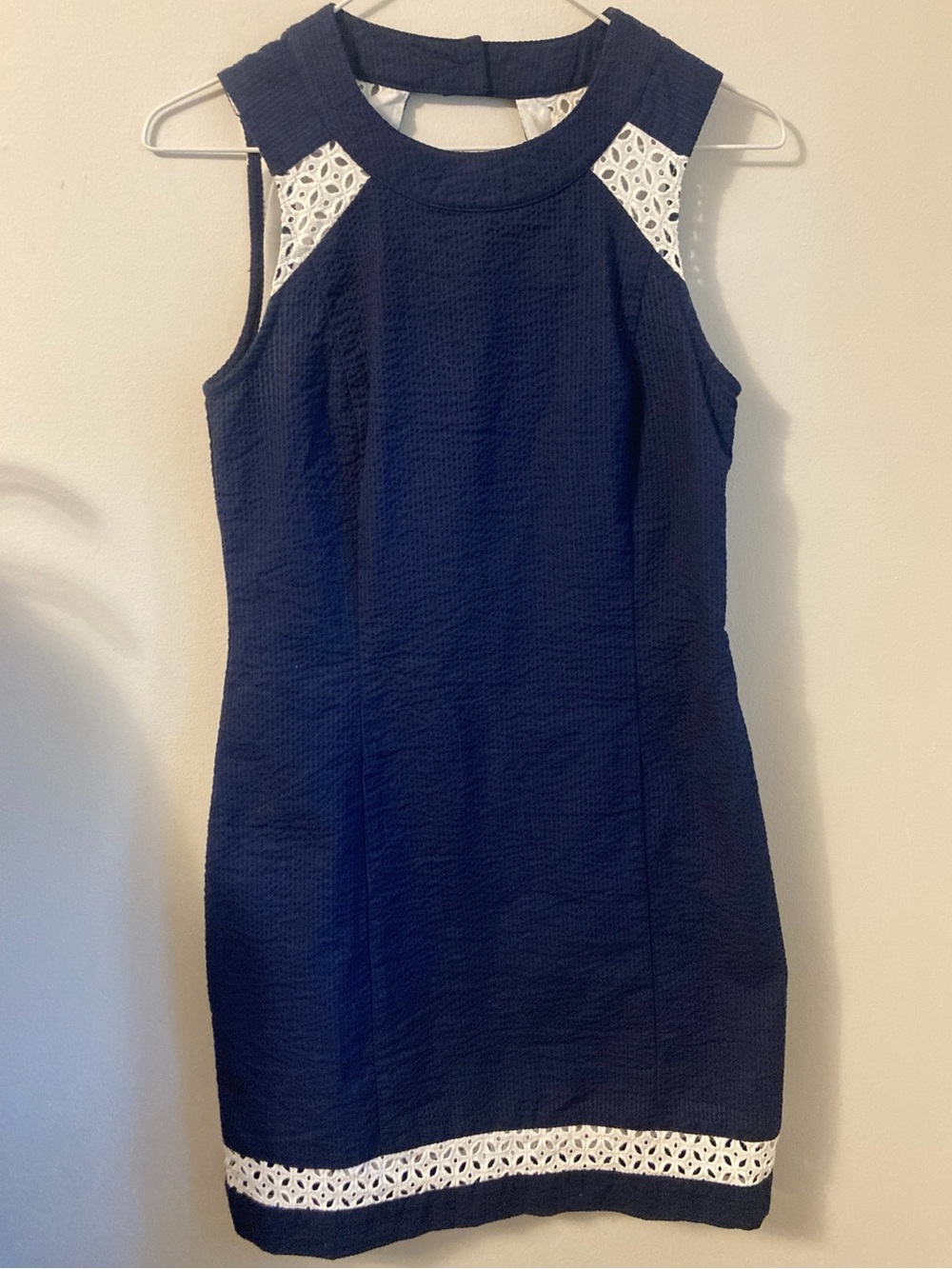 Lauren James Sheath Dress Sundress Formal Size XS Navy Blue White Eyelet Trim